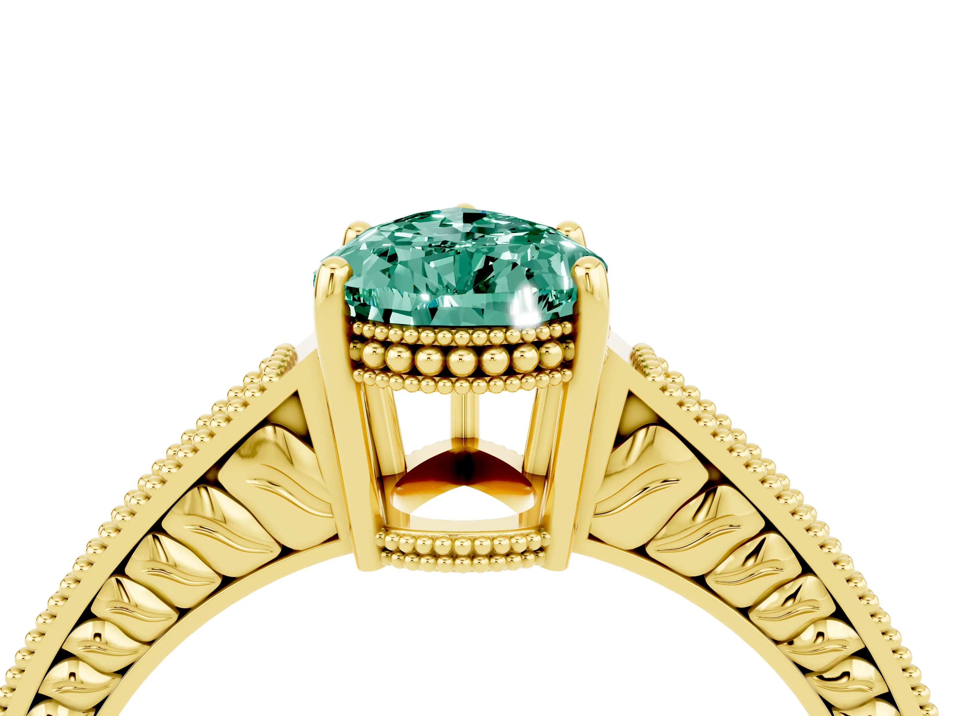 Yellow gold Pear Cut Green Sapphire Ring with Milgrain Pavé Band and Four-Prong Setting_16