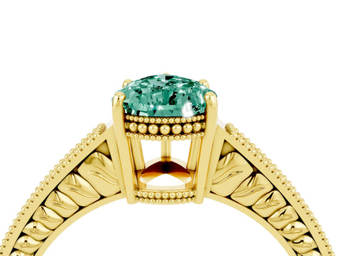 Yellow gold Pear Cut Green Sapphire Ring with Milgrain Pavé Band and Four-Prong Setting_16