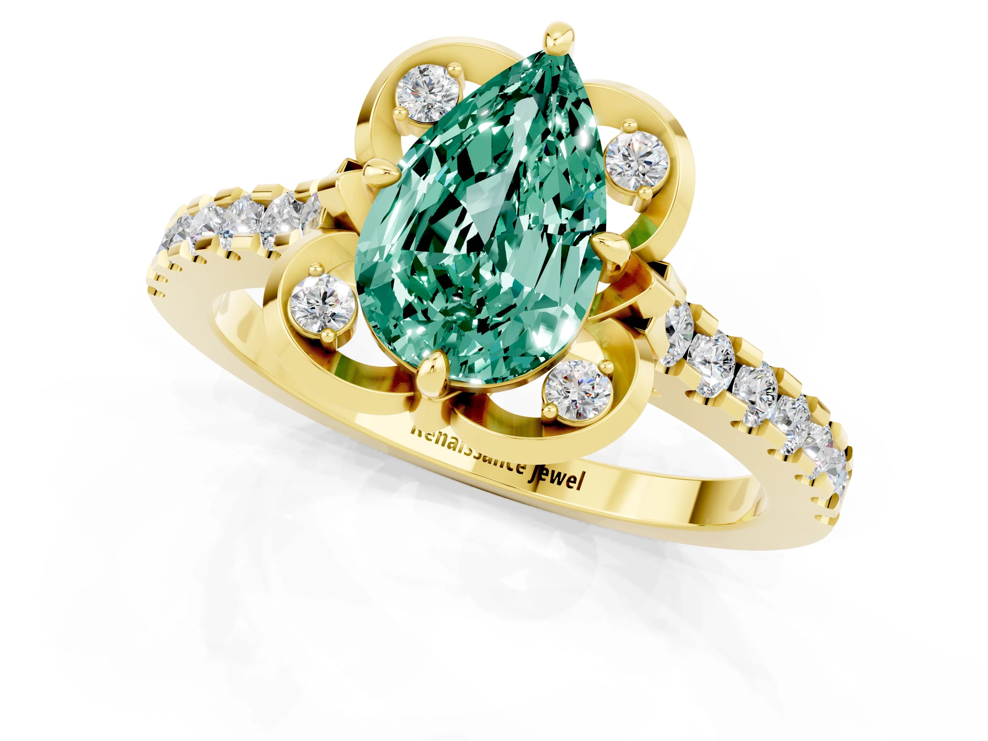 Yellow gold Pear Cut Green Sapphire Ring with Pavé Band and Floral Prong Setting_1