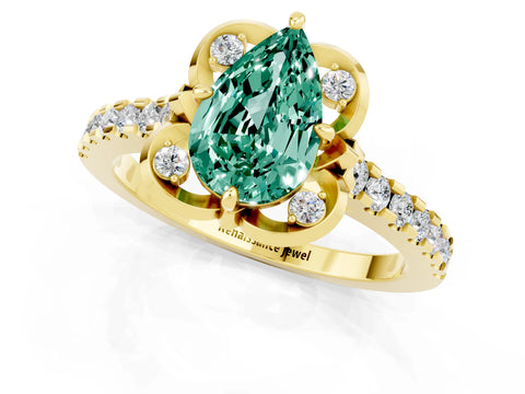 Yellow gold Pear Cut Green Sapphire Ring with Pavé Band and Floral Prong Setting_1