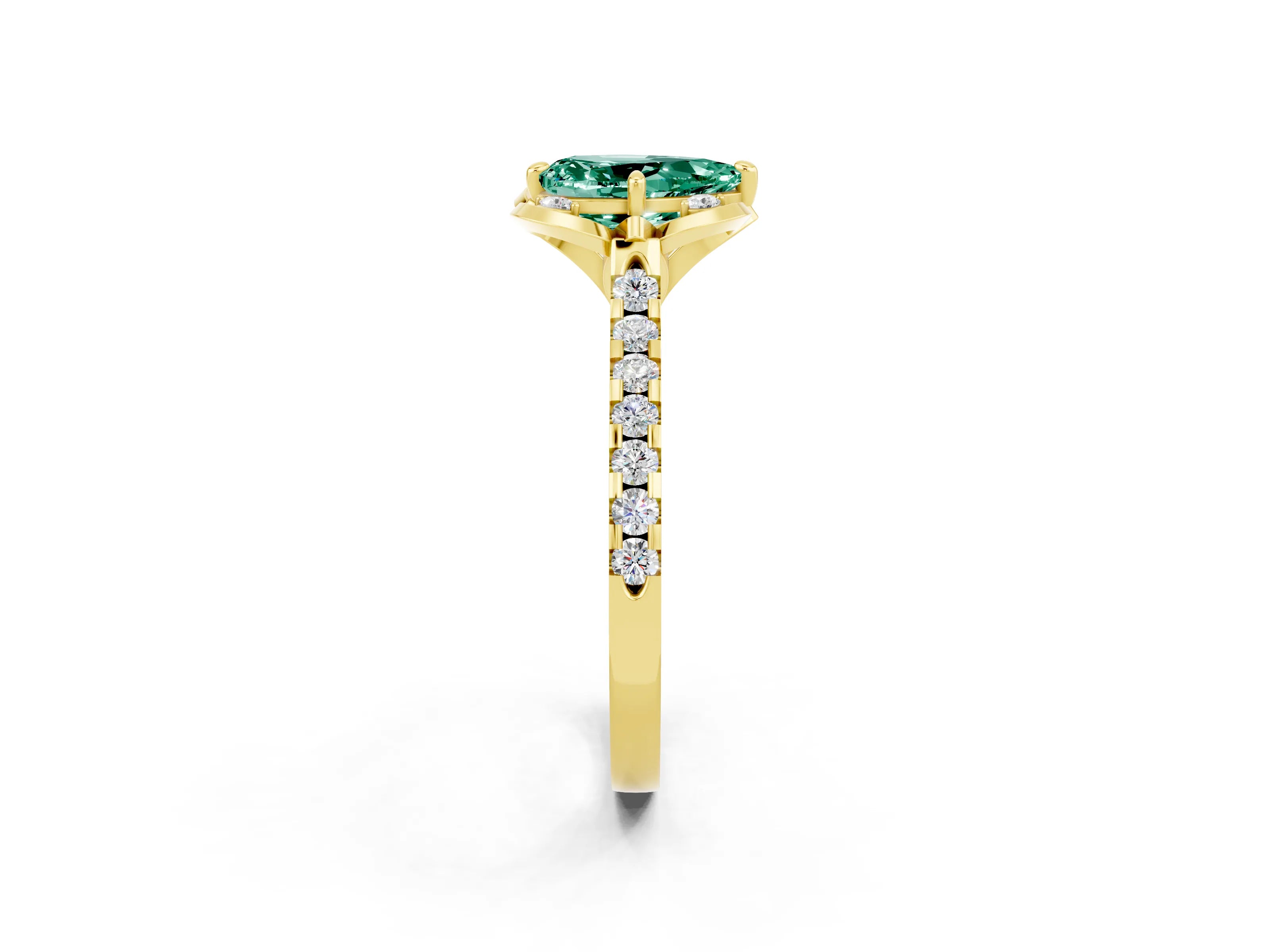 Yellow gold Pear Cut Green Sapphire Ring with Pavé Band and Floral Prong Setting_2