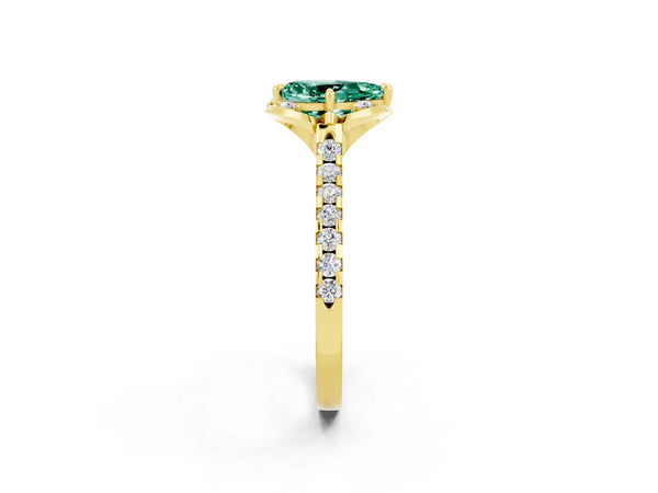 Yellow gold Pear Cut Green Sapphire Ring with Pavé Band and Floral Prong Setting
