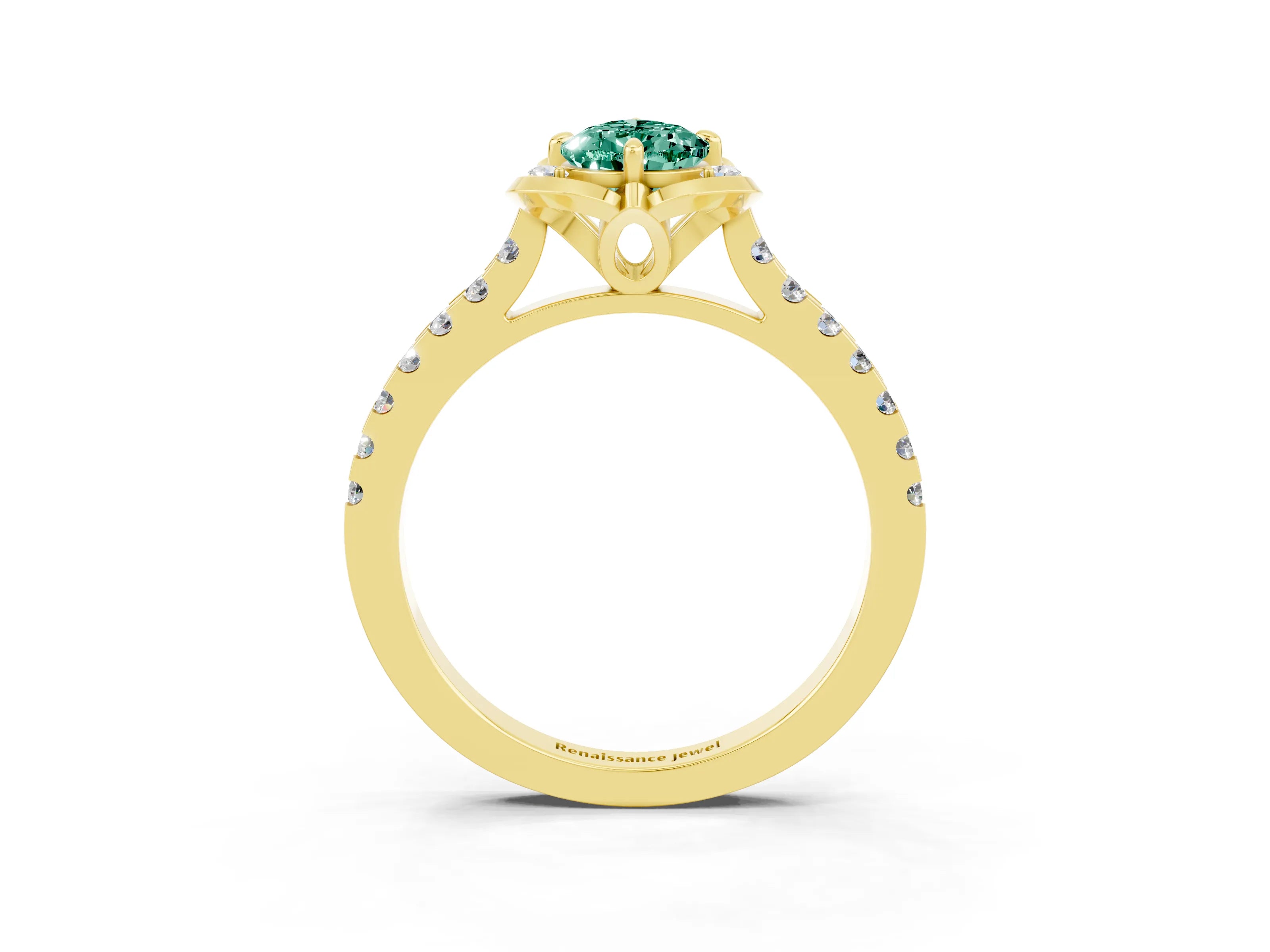 Yellow gold Pear Cut Green Sapphire Ring with Pavé Band and Floral Prong Setting_3