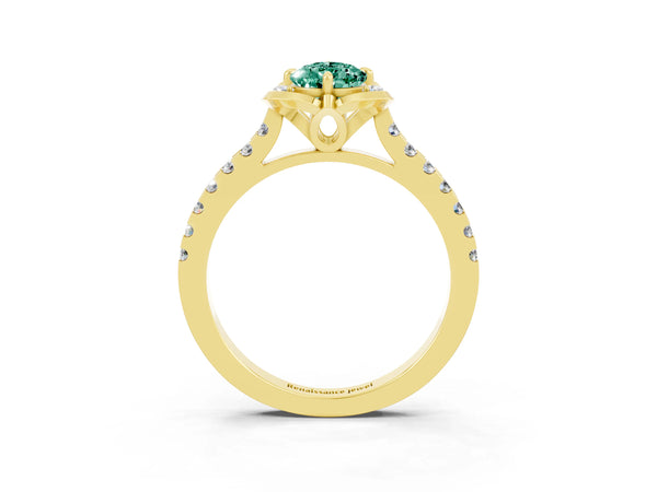 Yellow gold Pear Cut Green Sapphire Ring with Pavé Band and Floral Prong Setting