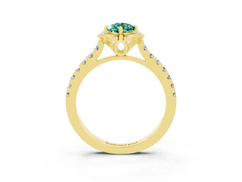 Yellow gold Pear Cut Green Sapphire Ring with Pavé Band and Floral Prong Setting_3