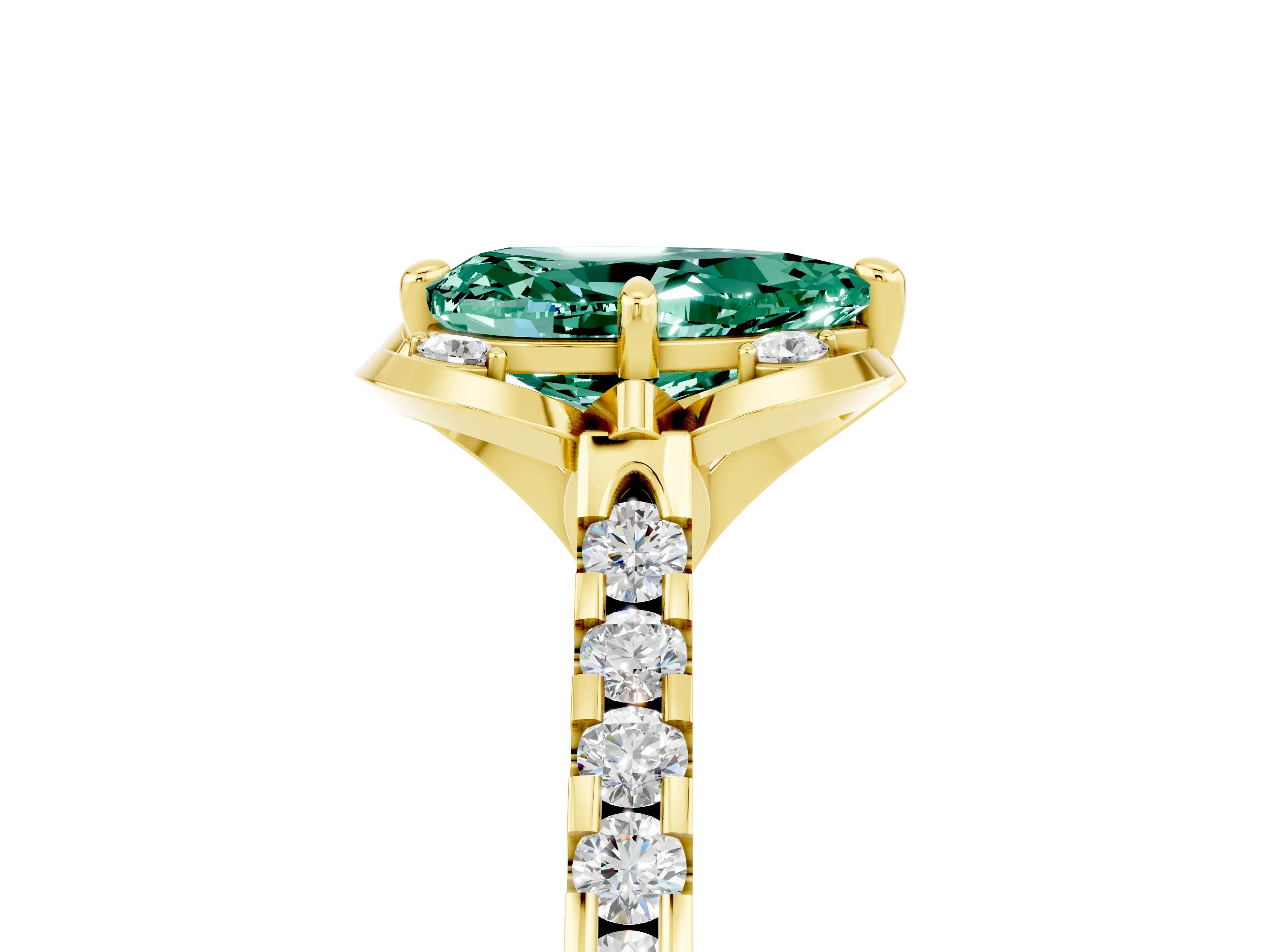Yellow gold Pear Cut Green Sapphire Ring with Pavé Band and Floral Prong Setting_5