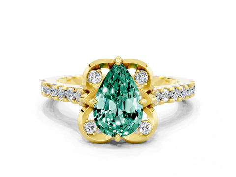 Yellow gold Pear Cut Green Sapphire Ring with Pavé Band and Floral Prong Setting