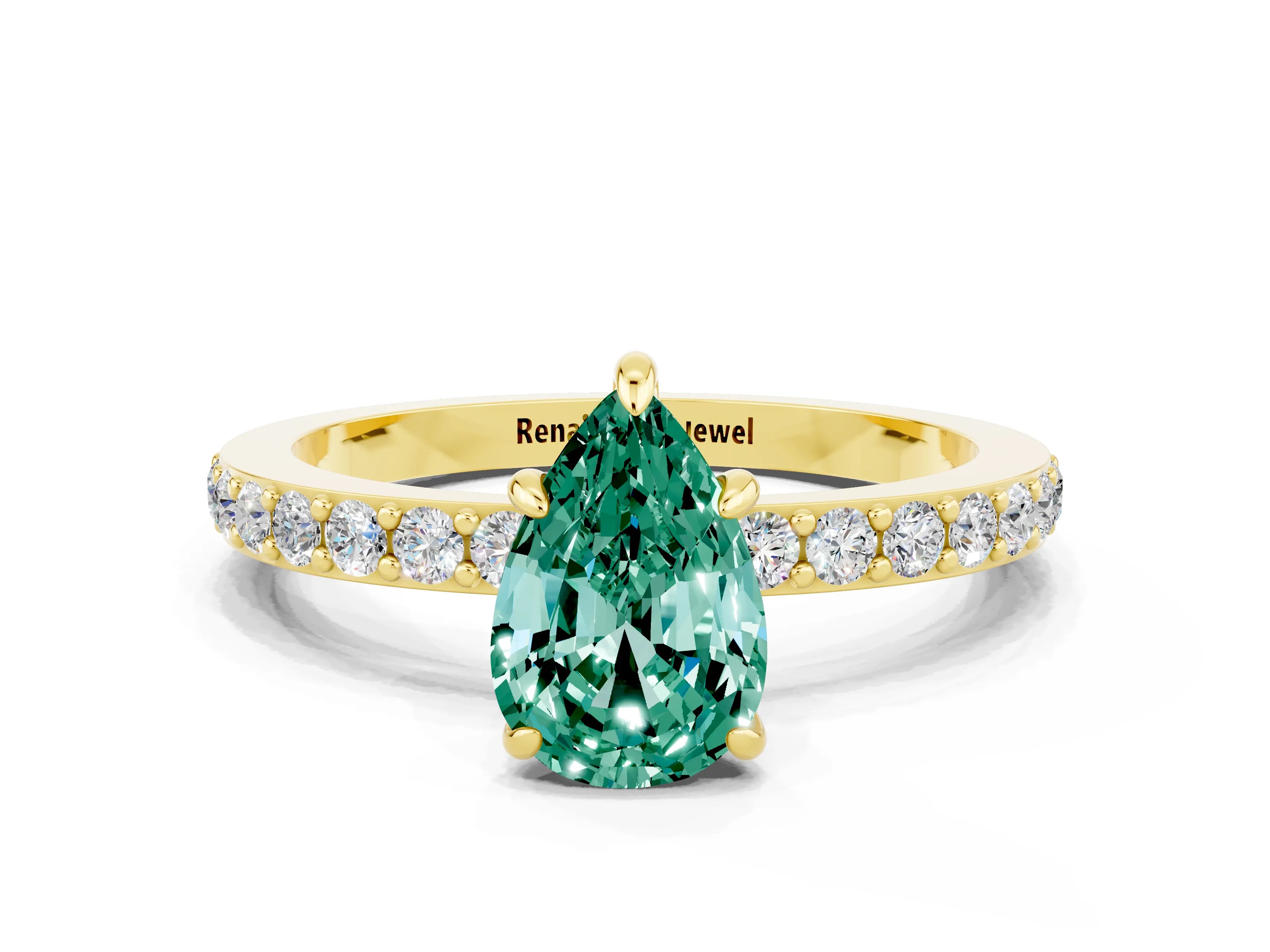 Yellow gold Pear Cut Green Sapphire Ring with Pavé Band and Four-Prong Setting