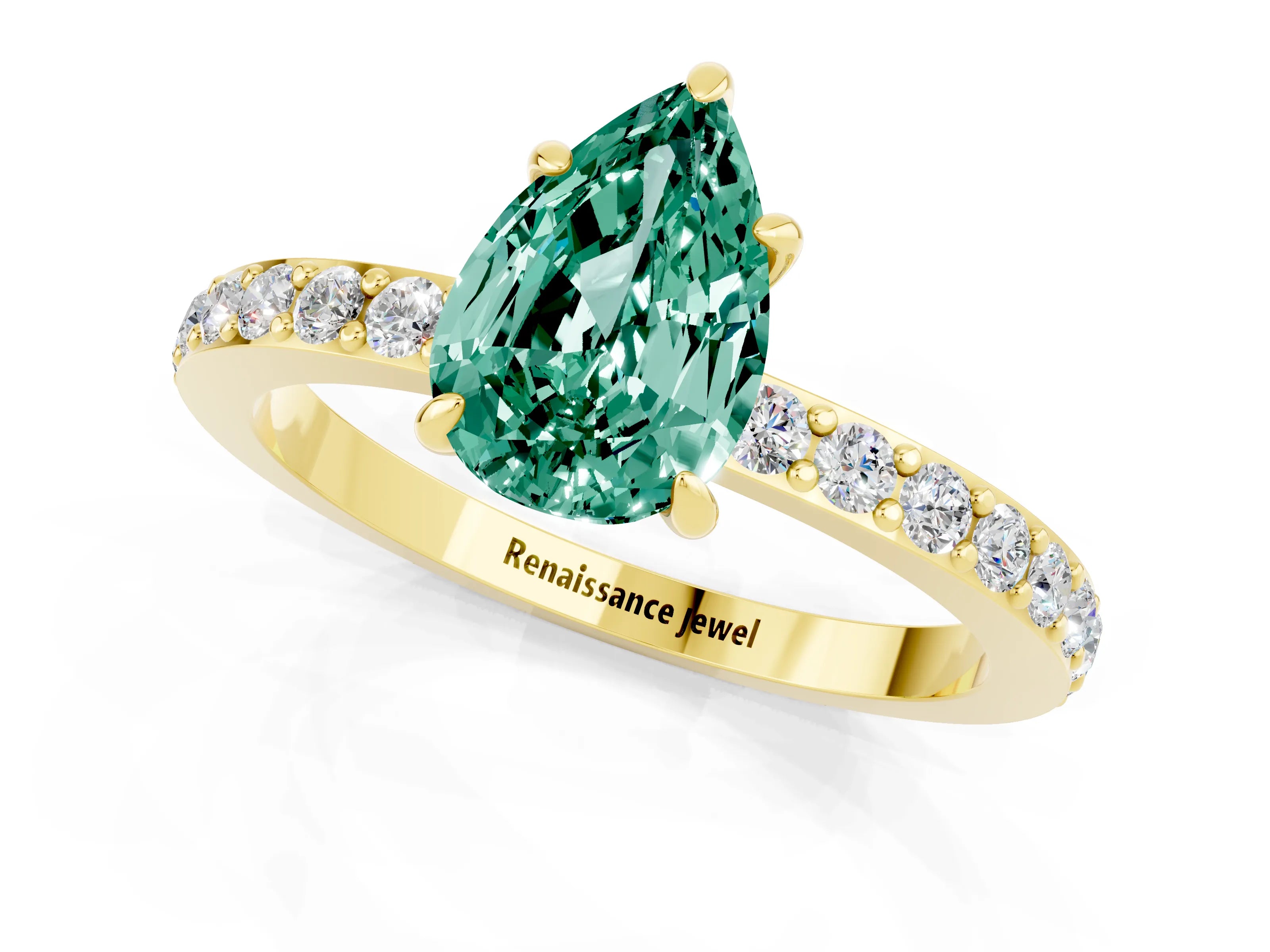 Yellow gold Pear Cut Green Sapphire Ring with Pavé Band and Four-Prong Setting_1