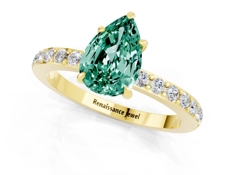 Yellow gold Pear Cut Green Sapphire Ring with Pavé Band and Four-Prong Setting_1