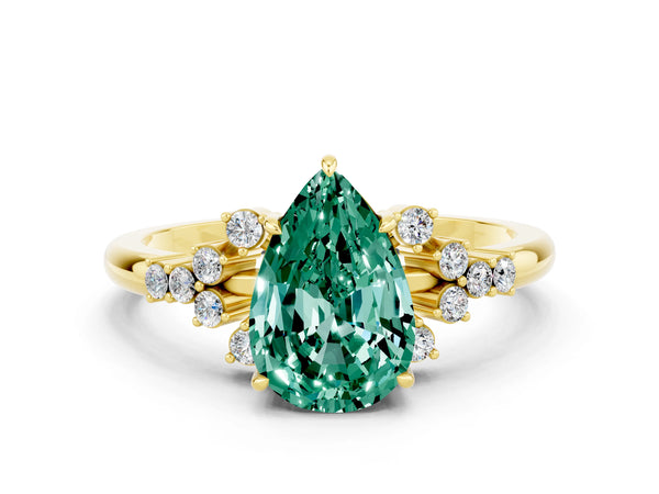 Yellow gold Pear Cut Green Sapphire Ring with Side Stones and Four-Prong Setting