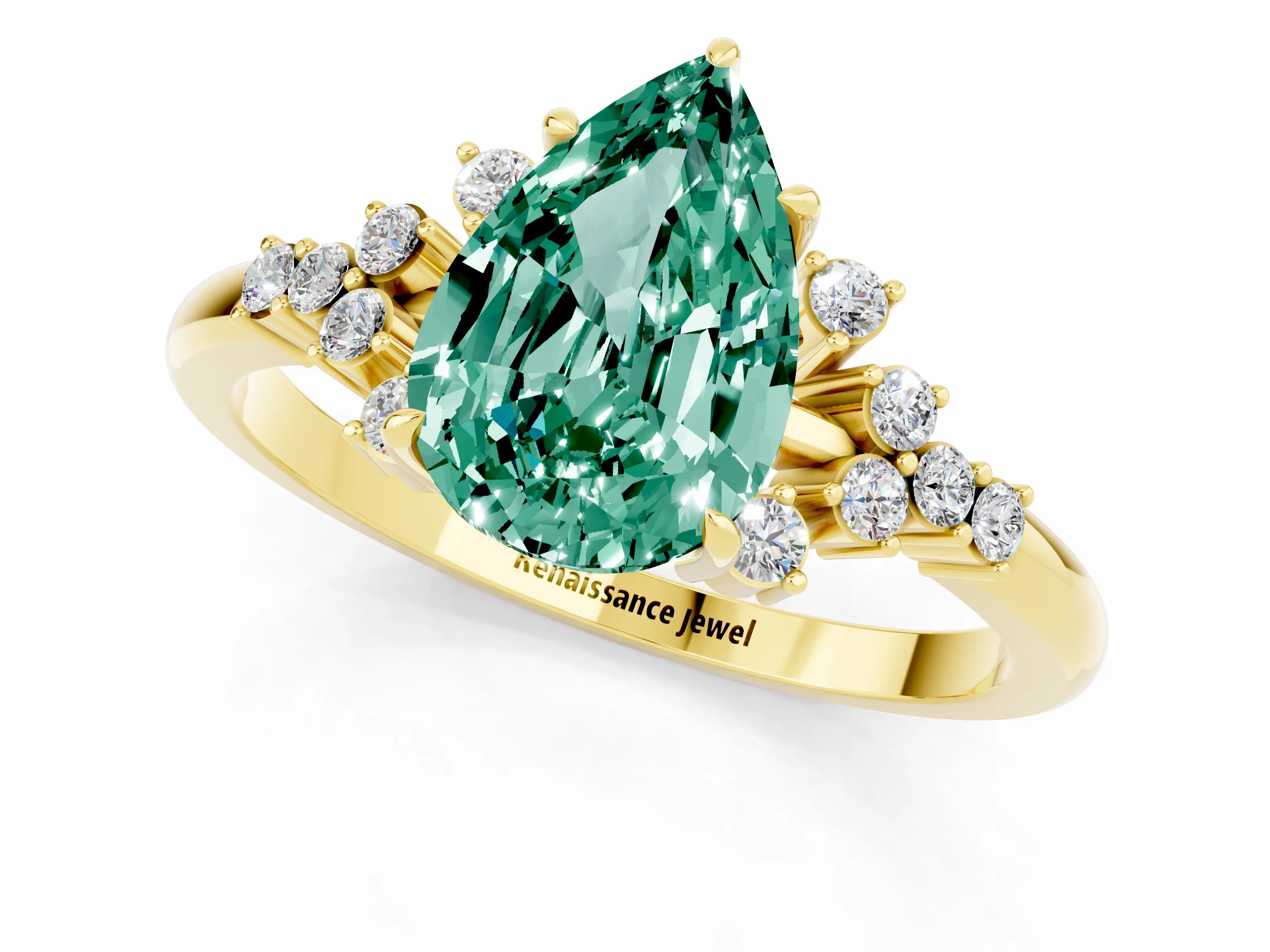 Yellow gold Pear Cut Green Sapphire Ring with Side Stones and Four-Prong Setting_37