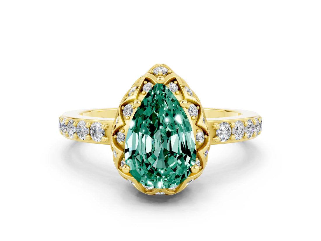 Yellow gold Pear Cut Green Sapphire Scalloped Halo Engagement Ring with Round Shared Prong Band_24