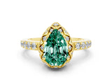 Yellow gold Pear Cut Green Sapphire Scalloped Halo Engagement Ring with Round Shared Prong Band_24