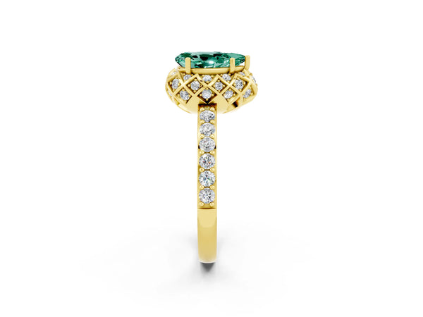Yellow gold Pear Cut Green Sapphire Scalloped Halo Engagement Ring with Round Shared Prong Band