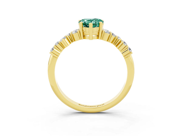 Yellow gold Pear Cut Green Sapphire Scattered Round Accent Ring with Prong Setting