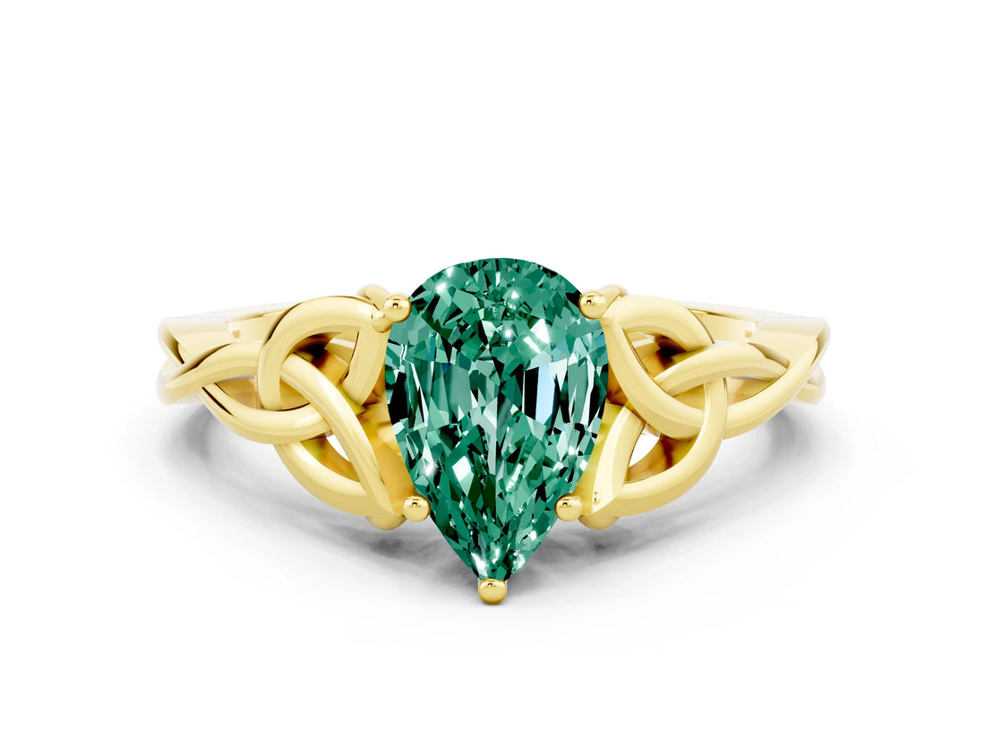 Yellow gold Pear Cut Green Sapphire Solitaire Celtic Knot Ring with Four-Prong Setting_12