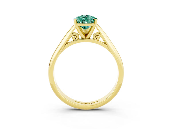 Yellow gold Pear Cut Green Sapphire Solitaire Engagement Ring with Cathedral Setting and Four-Prong Mount