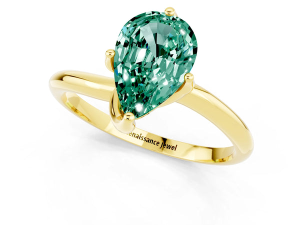 Yellow gold Pear Cut Green Sapphire Solitaire Engagement Ring with Four-Prong Setting and Classic Band