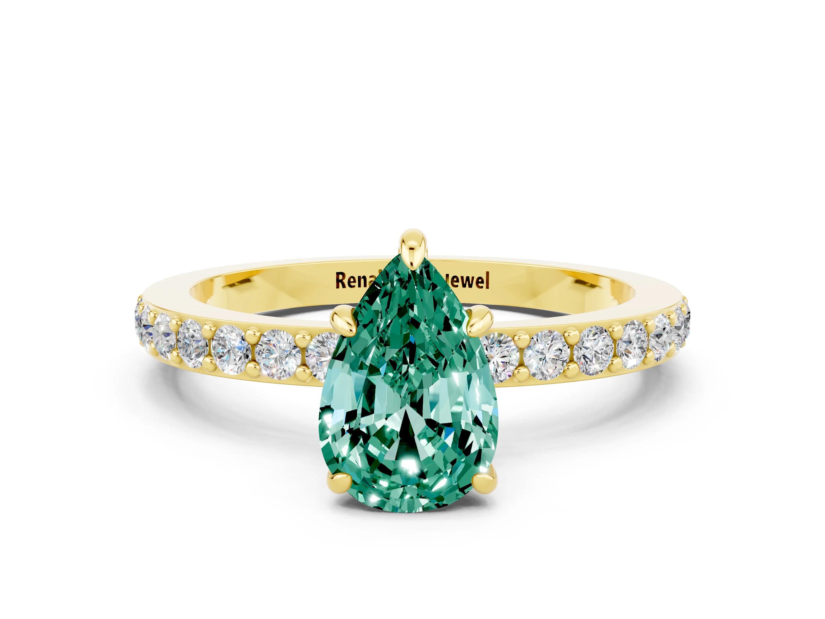 Yellow gold Pear Cut Green Sapphire Solitaire Engagement Ring with Pavé Band and Four-Prong Setting