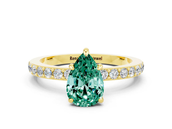 Yellow gold Pear Cut Green Sapphire Solitaire Engagement Ring with Pavé Band and Four-Prong Setting