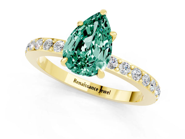 Yellow gold Pear Cut Green Sapphire Solitaire Engagement Ring with Pavé Band and Four-Prong Setting