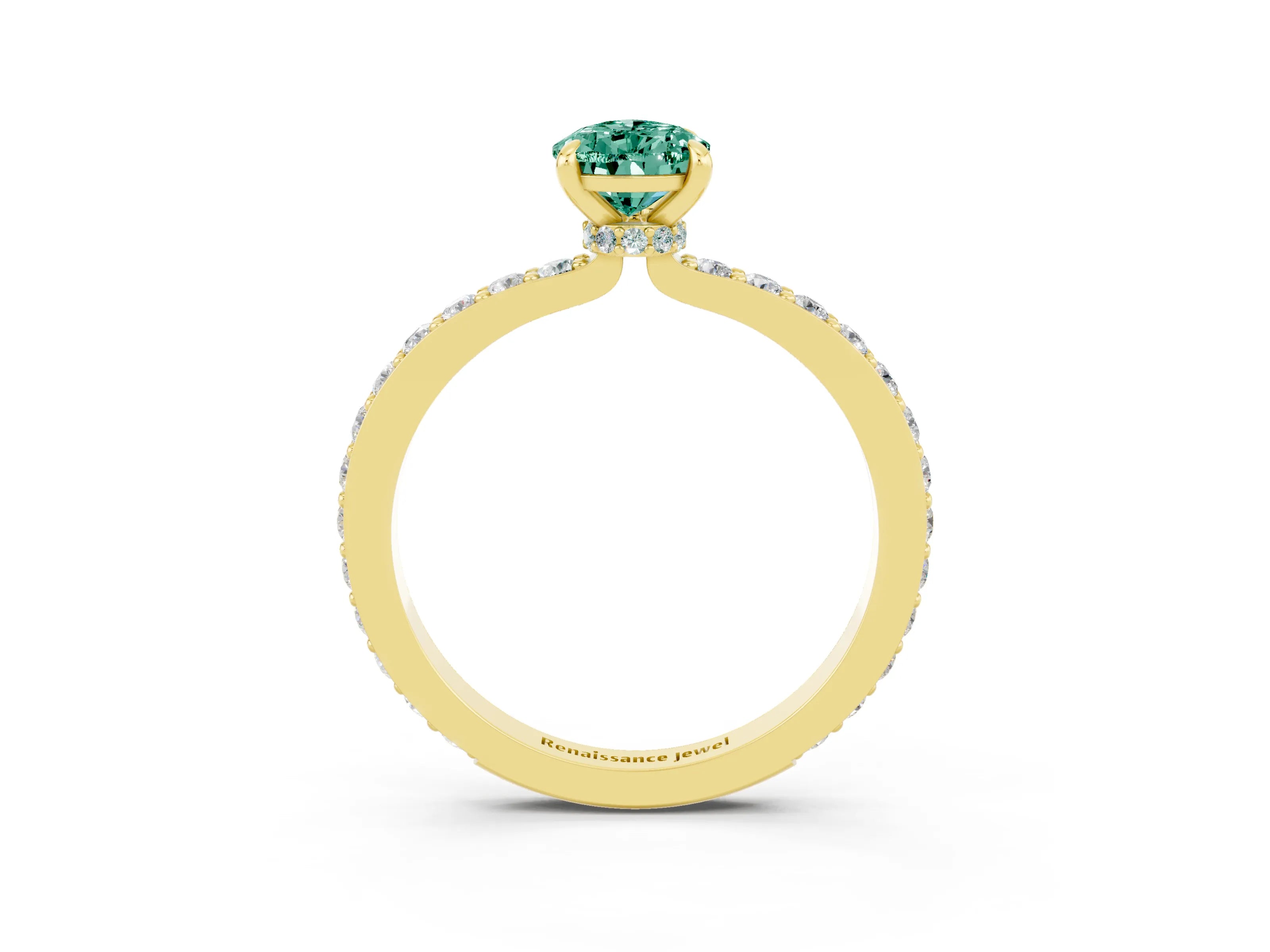 Yellow gold Pear Cut Green Sapphire Solitaire Engagement Ring with Pavé Band and Four-Prong Setting_3