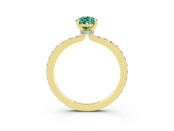 Yellow gold Pear Cut Green Sapphire Solitaire Engagement Ring with Pavé Band and Four-Prong Setting