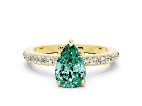 Yellow gold Pear Cut Green Sapphire Solitaire Engagement Ring with Pavé Band and Four-Prong Setting