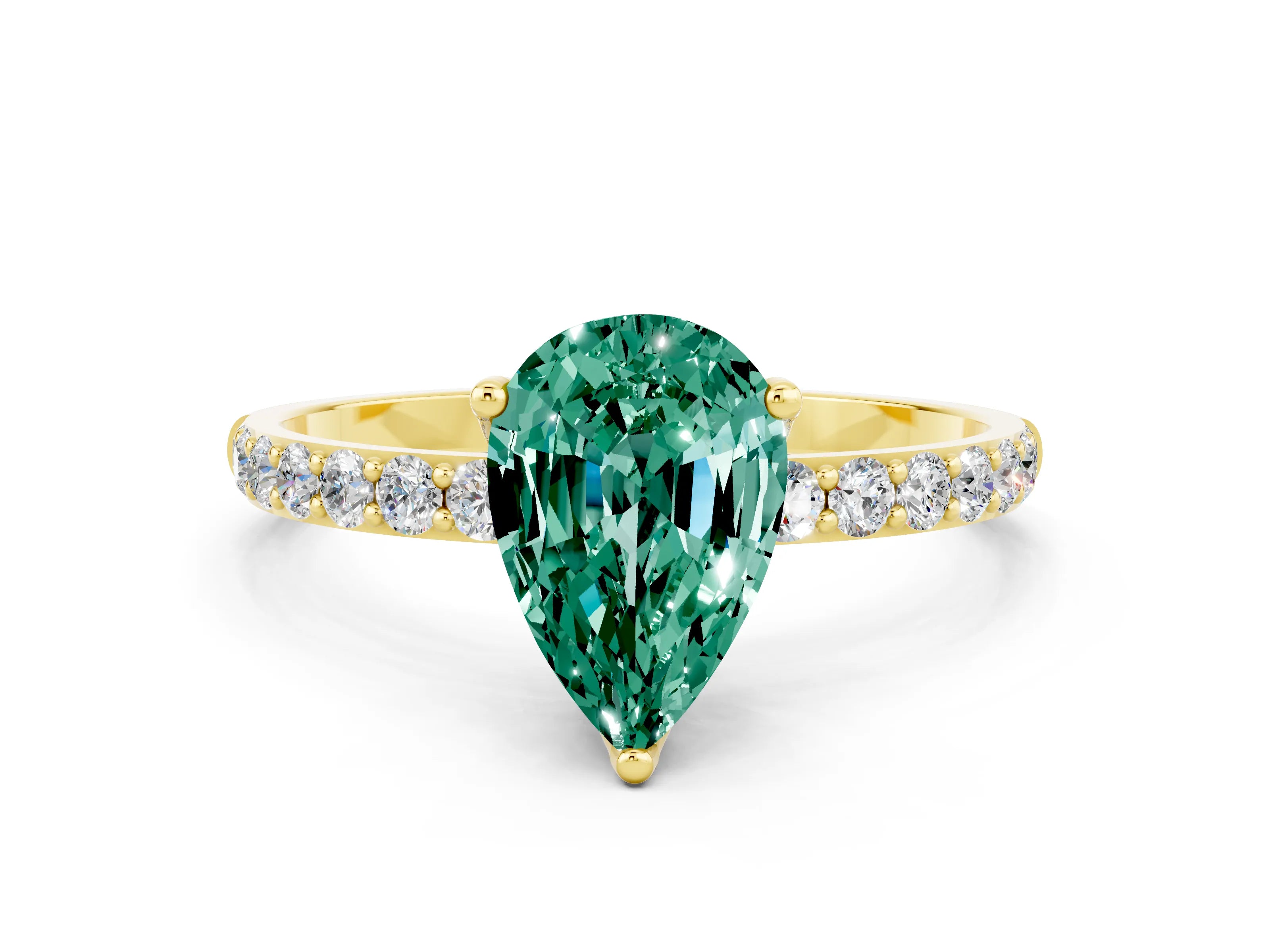 Yellow gold Pear Cut Green Sapphire Solitaire Engagement Ring with Pavé Band and Prong Setting