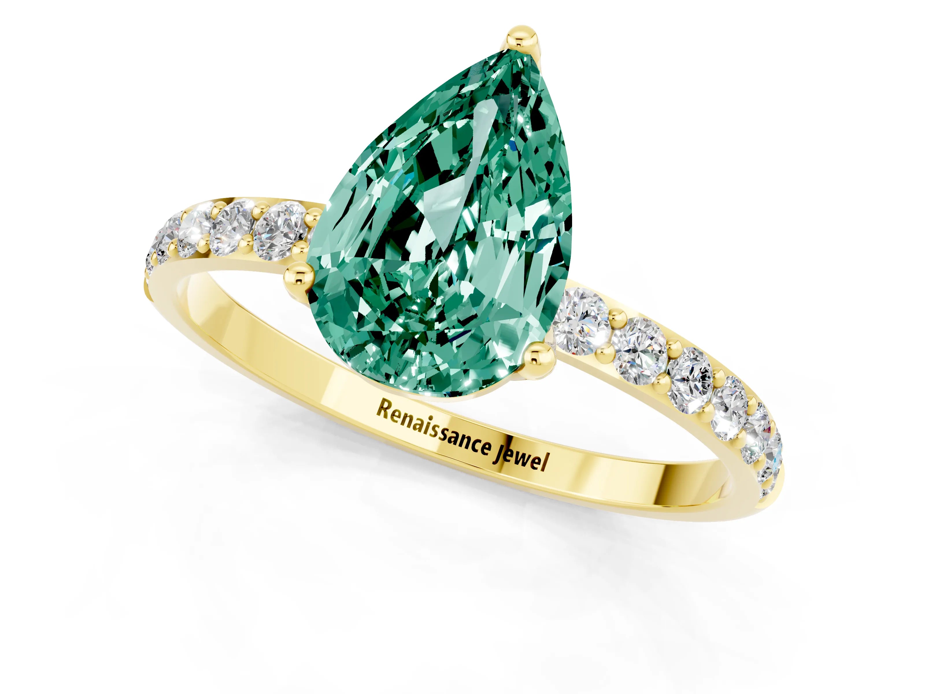 Yellow gold Pear Cut Green Sapphire Solitaire Engagement Ring with Pavé Band and Prong Setting_1