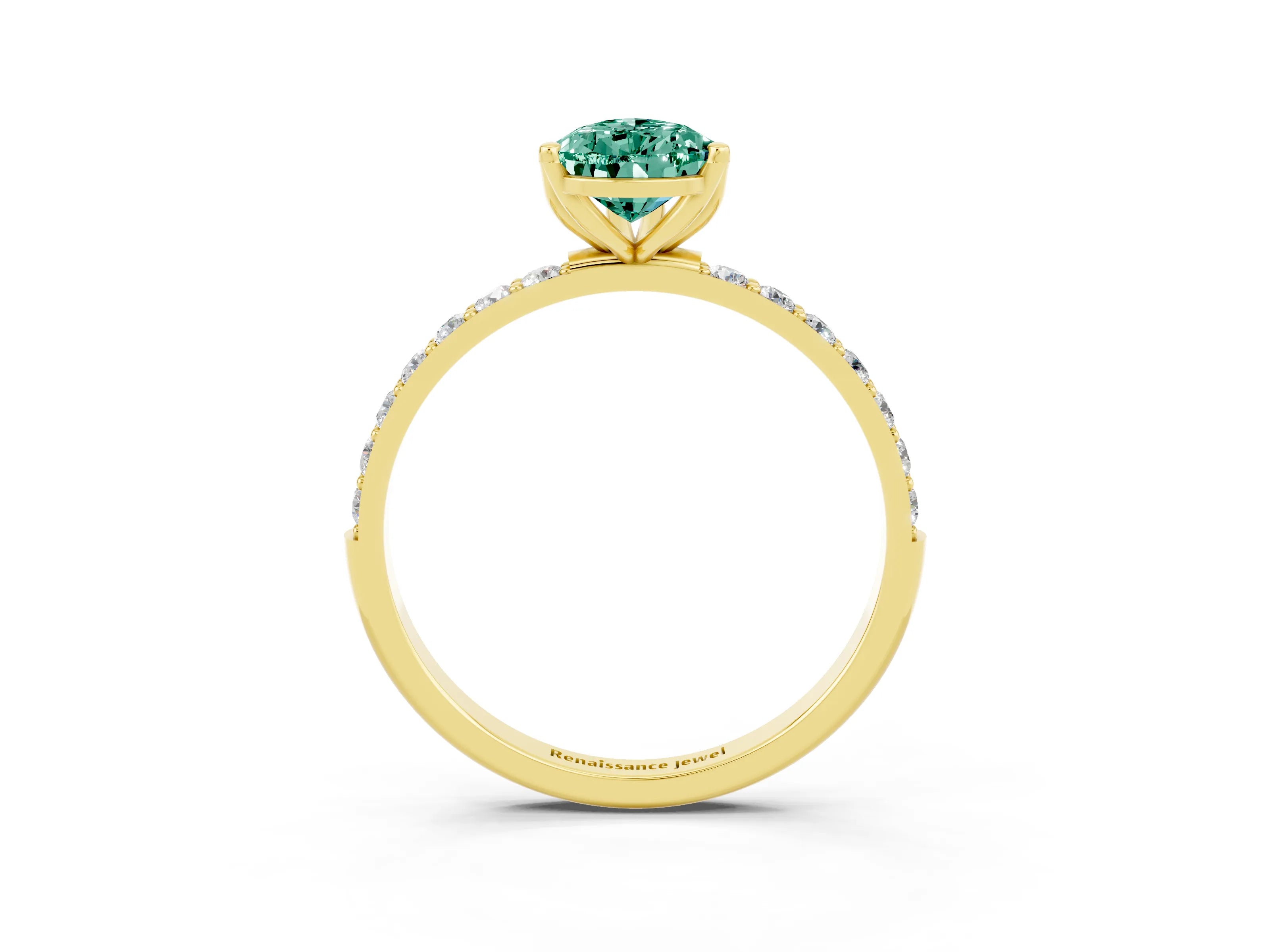 Yellow gold Pear Cut Green Sapphire Solitaire Engagement Ring with Pavé Band and Prong Setting_3