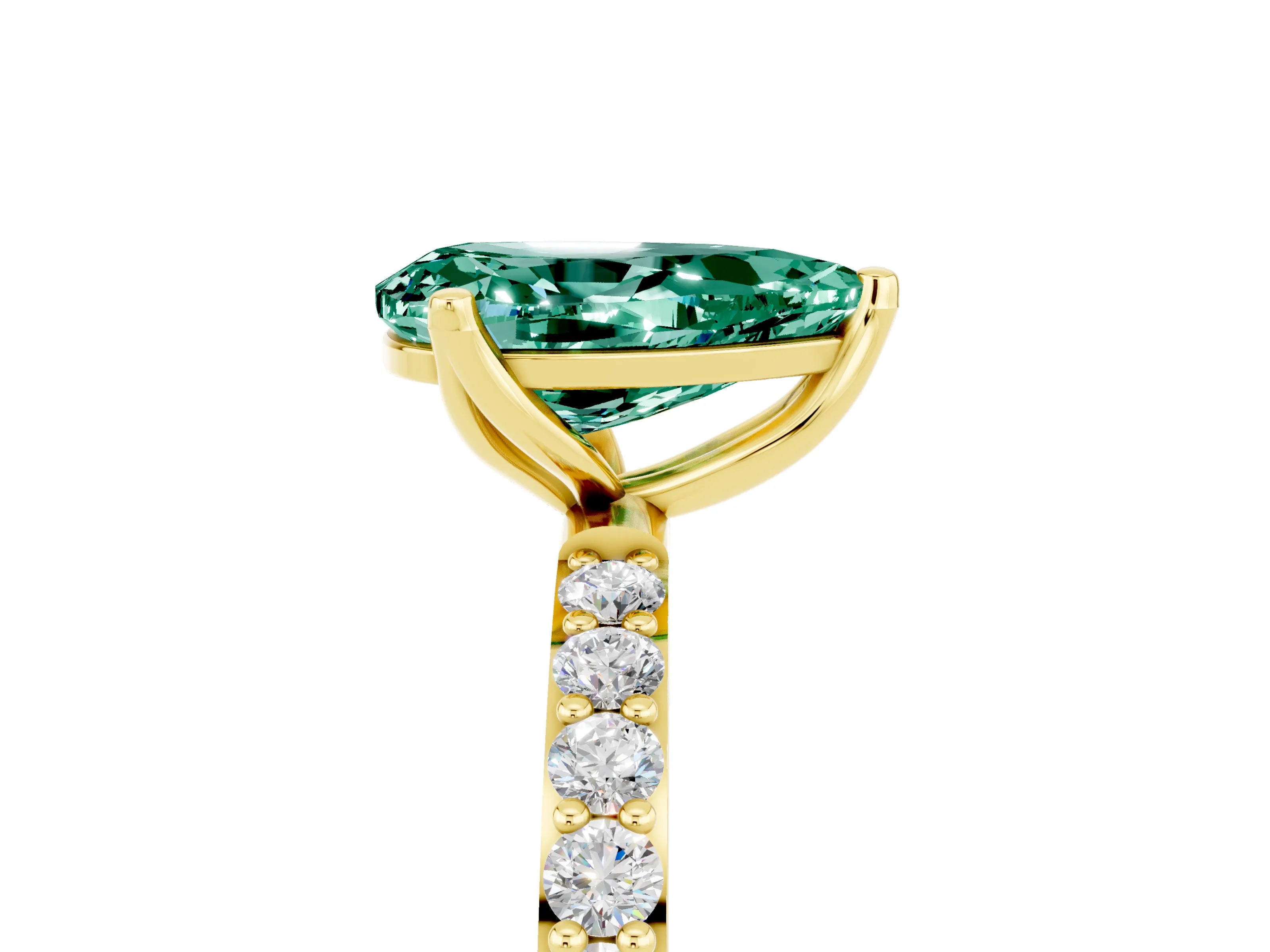 Yellow gold Pear Cut Green Sapphire Solitaire Engagement Ring with Pavé Band and Prong Setting_5