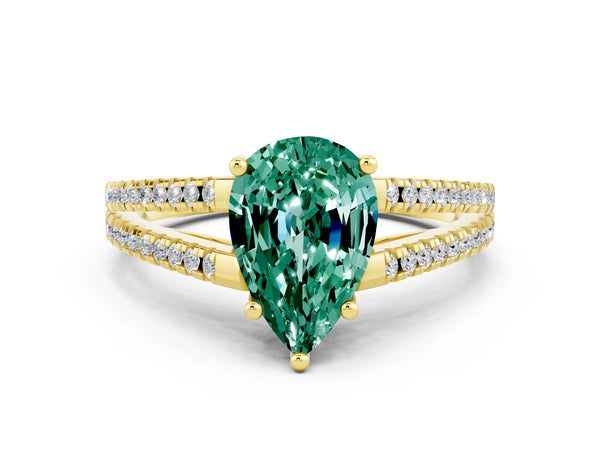 Yellow gold Pear Cut Green Sapphire Solitaire Engagement Ring with Split Shank Pavé Band