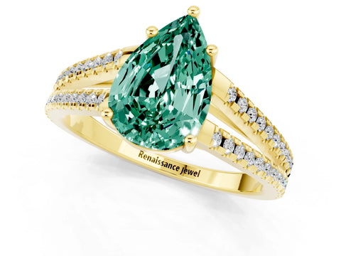 Yellow gold Pear Cut Green Sapphire Solitaire Engagement Ring with Split Shank Pavé Band_1