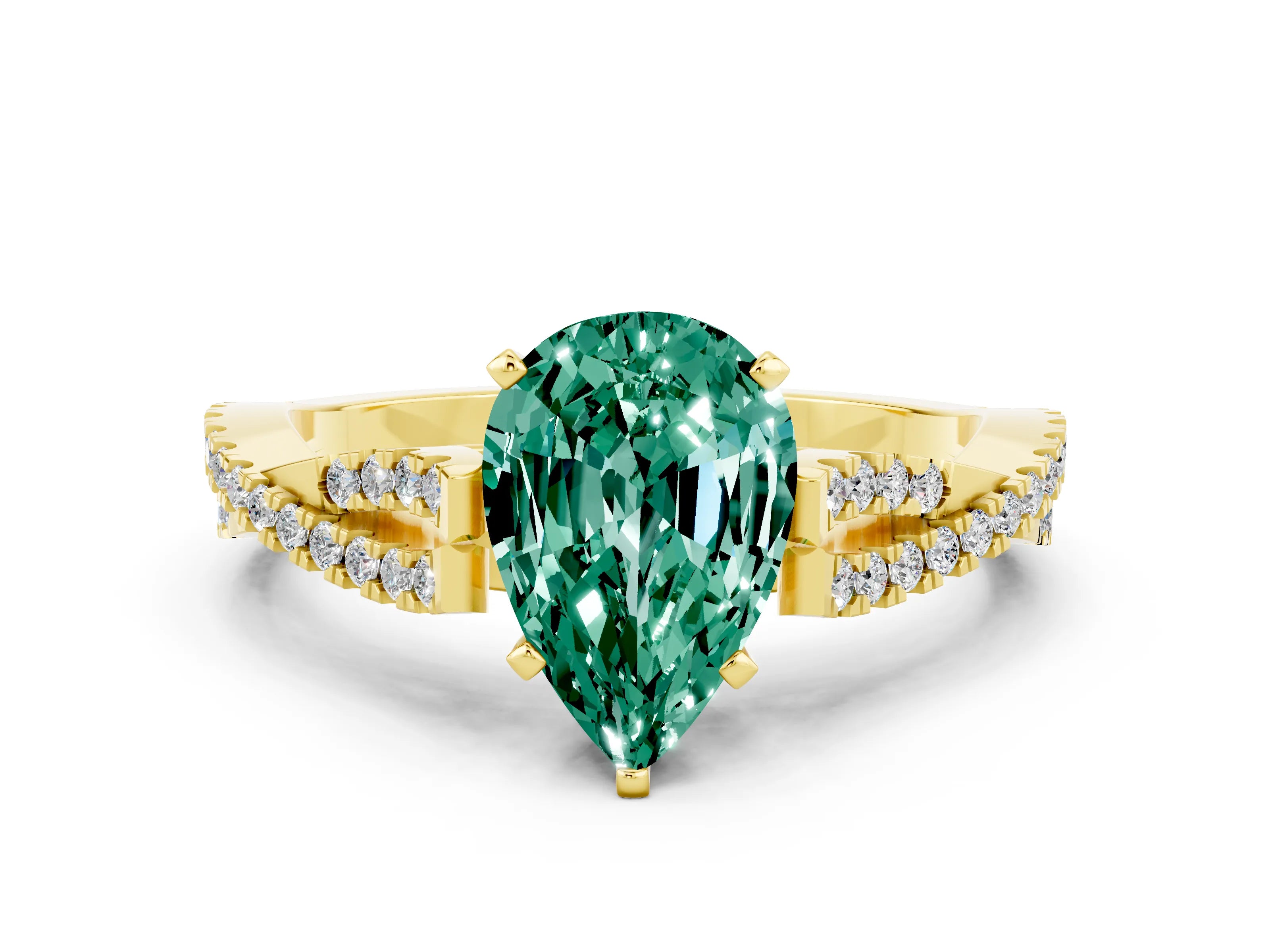 Yellow gold Pear Cut Green Sapphire Solitaire Engagement Ring with Twisted Pavé Band and Four-Prong Setting