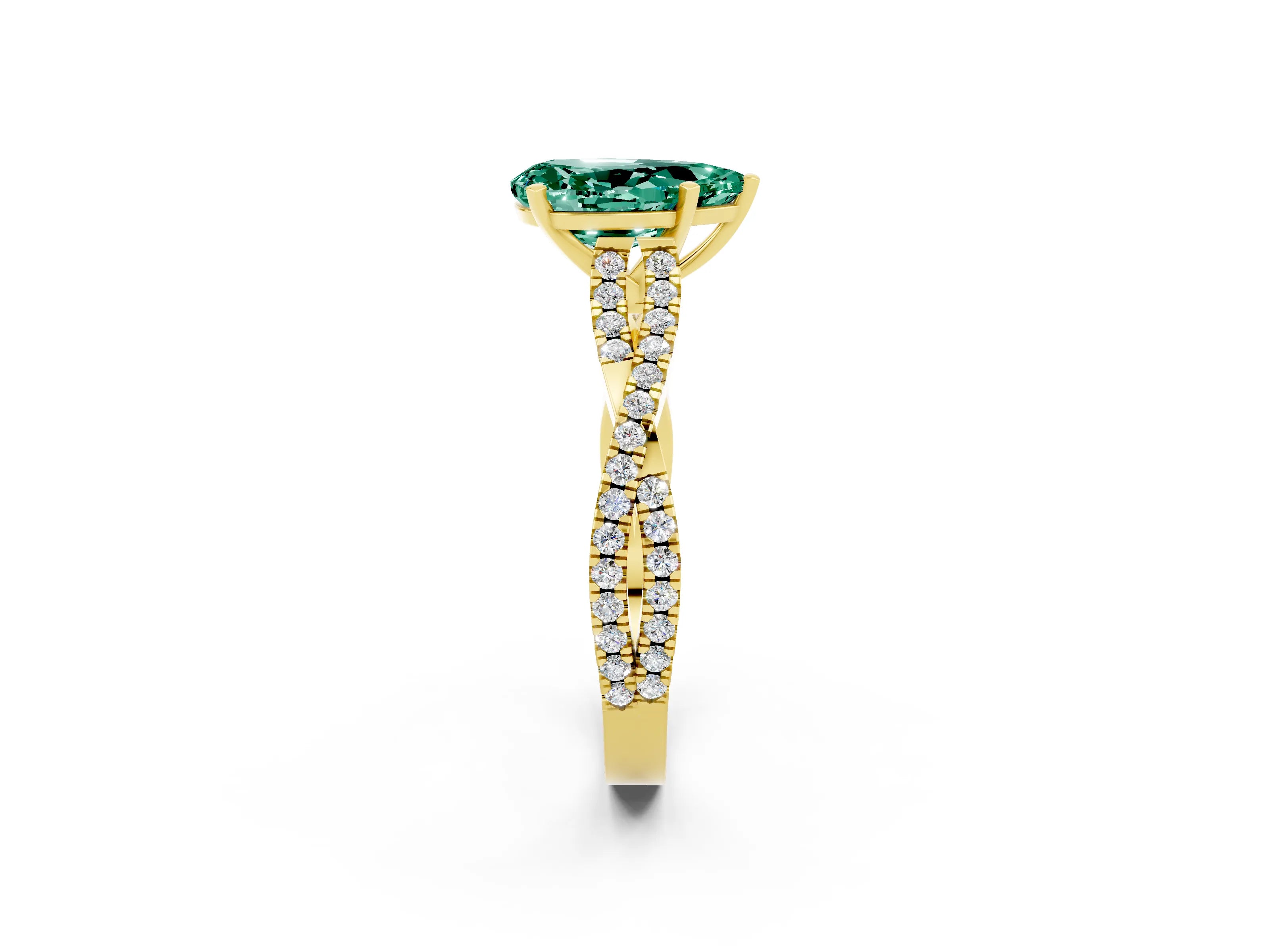 Yellow gold Pear Cut Green Sapphire Solitaire Engagement Ring with Twisted Pavé Band and Four-Prong Setting_2