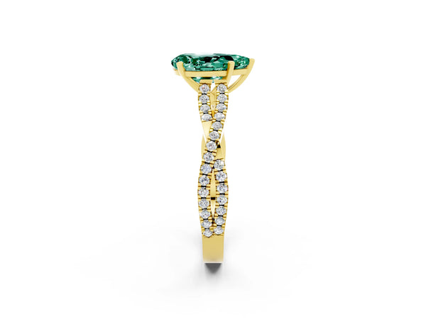 Yellow gold Pear Cut Green Sapphire Solitaire Engagement Ring with Twisted Pavé Band and Four-Prong Setting