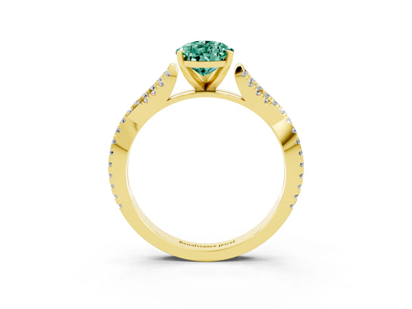 Yellow gold Pear Cut Green Sapphire Solitaire Engagement Ring with Twisted Pavé Band and Four-Prong Setting