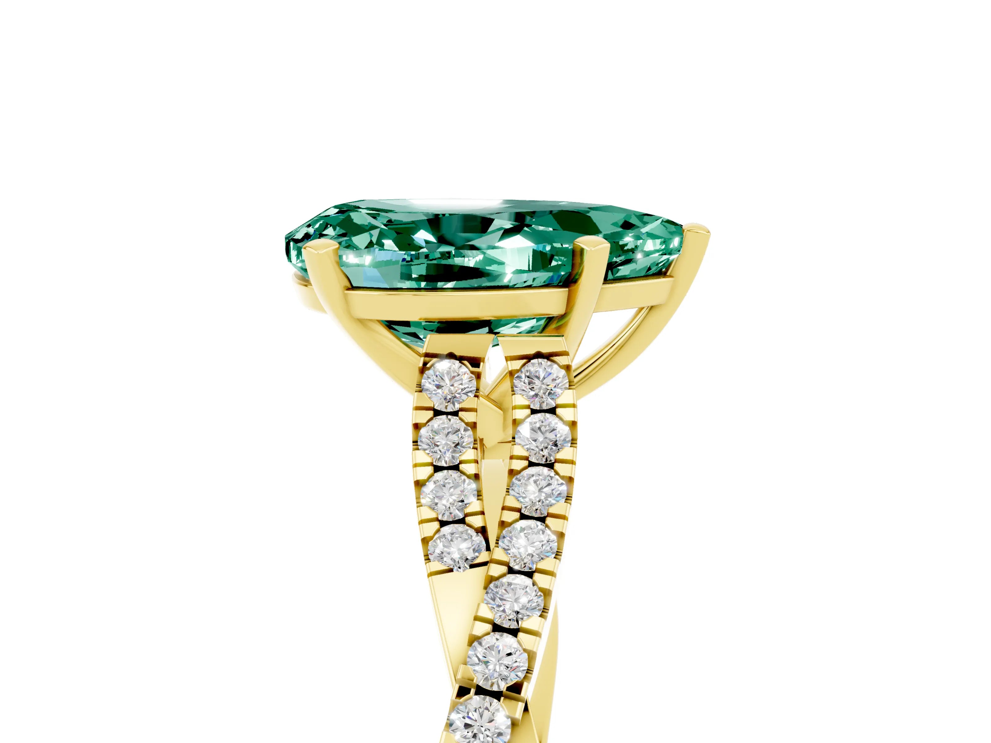Yellow gold Pear Cut Green Sapphire Solitaire Engagement Ring with Twisted Pavé Band and Four-Prong Setting_5