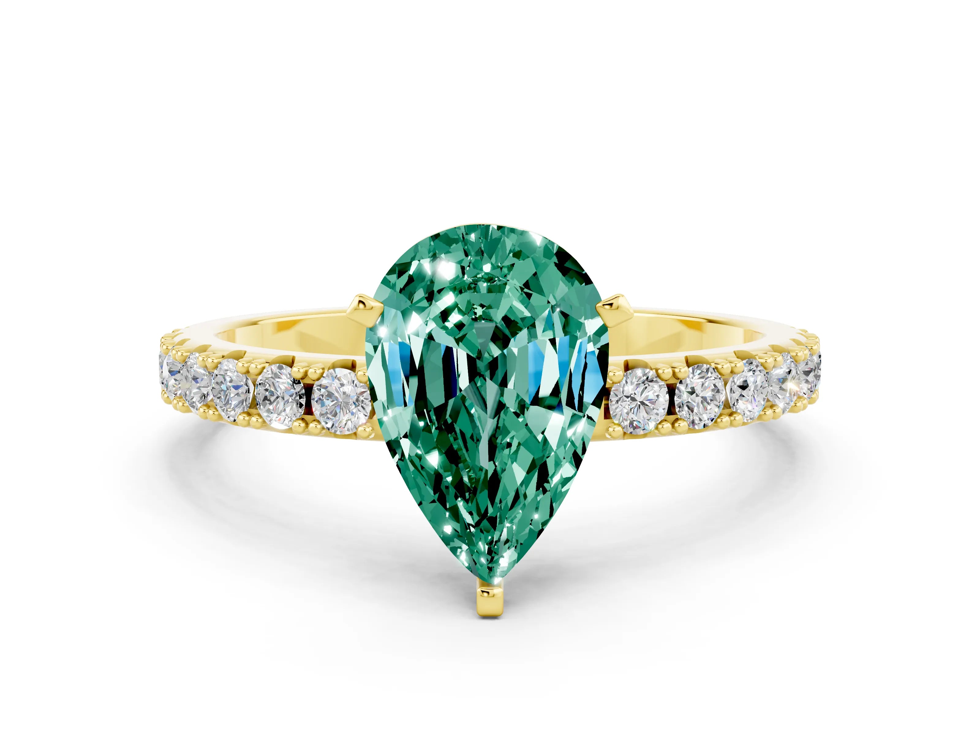 Yellow gold Pear Cut Green Sapphire Solitaire Pavé Band with Four-Prong Setting