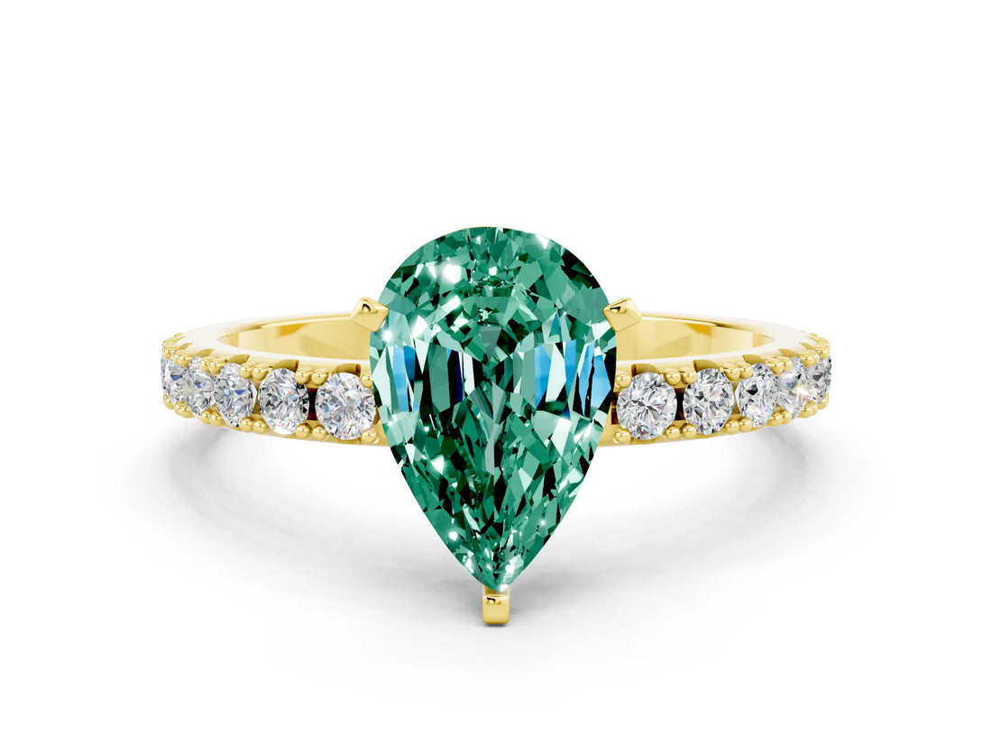 Yellow gold Pear Cut Green Sapphire Solitaire Pavé Band with Four-Prong Setting