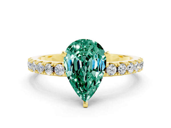 Yellow gold Pear Cut Green Sapphire Solitaire Pavé Band with Four-Prong Setting