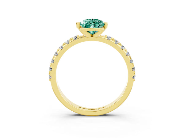 Yellow gold Pear Cut Green Sapphire Solitaire Pavé Band with Four-Prong Setting