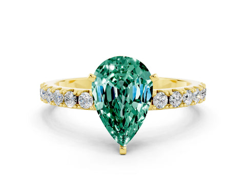 Yellow gold Pear Cut Green Sapphire Solitaire Pavé Band with Four-Prong Setting