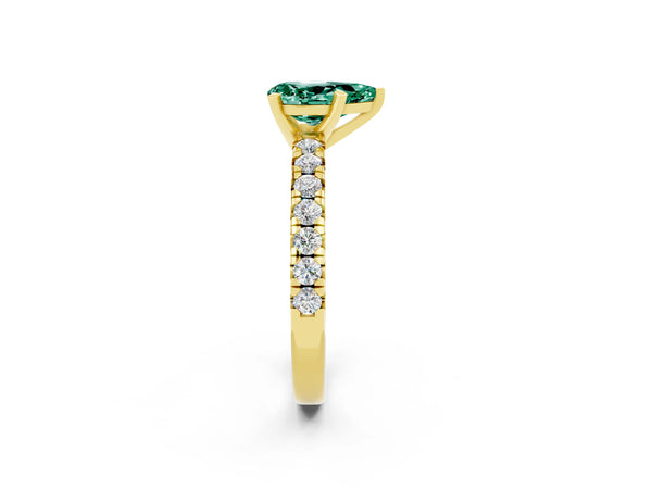 Yellow gold Pear Cut Green Sapphire Solitaire Pavé Engagement Ring with Round Band and Prong Setting