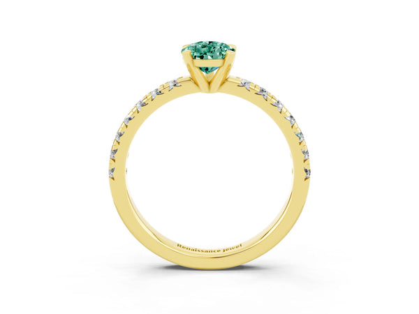 Yellow gold Pear Cut Green Sapphire Solitaire Pavé Engagement Ring with Round Band and Prong Setting