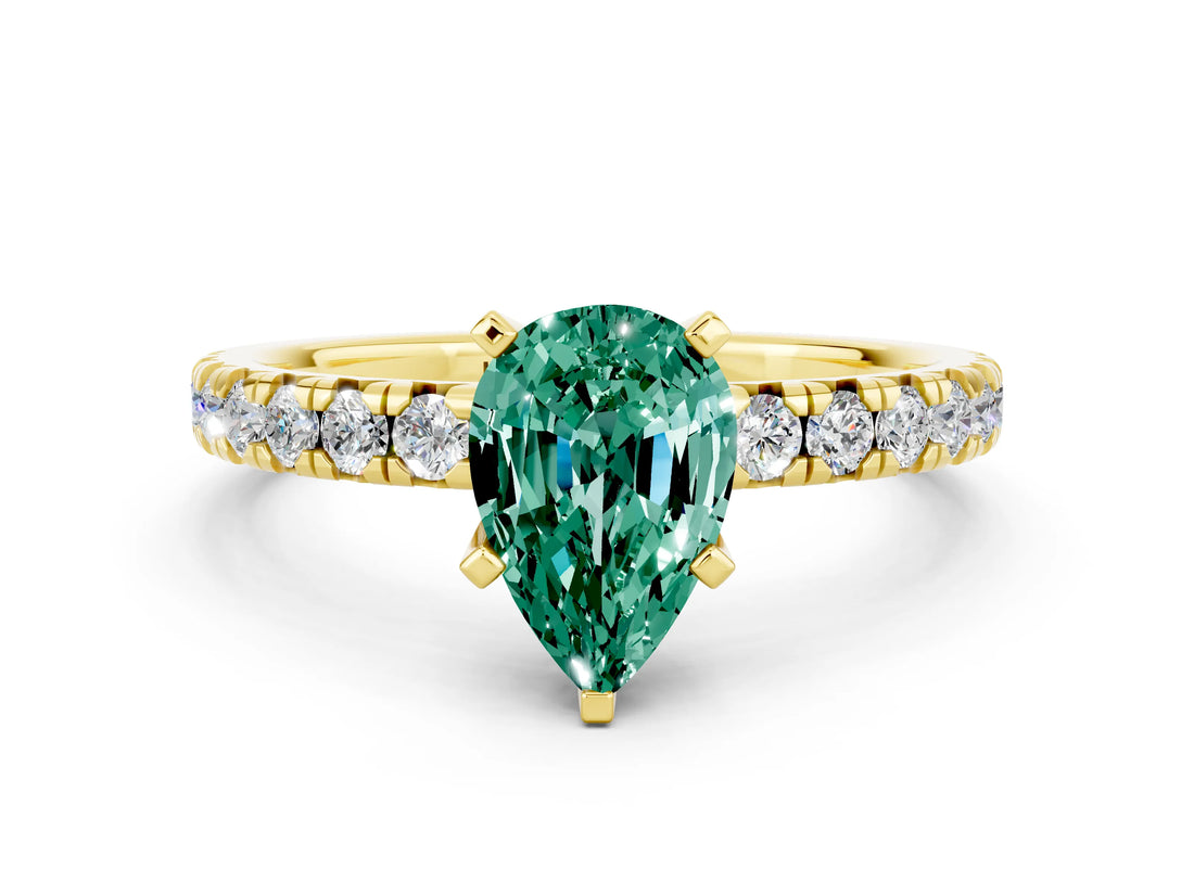 Yellow gold Pear Cut Green Sapphire Solitaire Pavé Engagement Ring with Round Band and Prong Setting_72