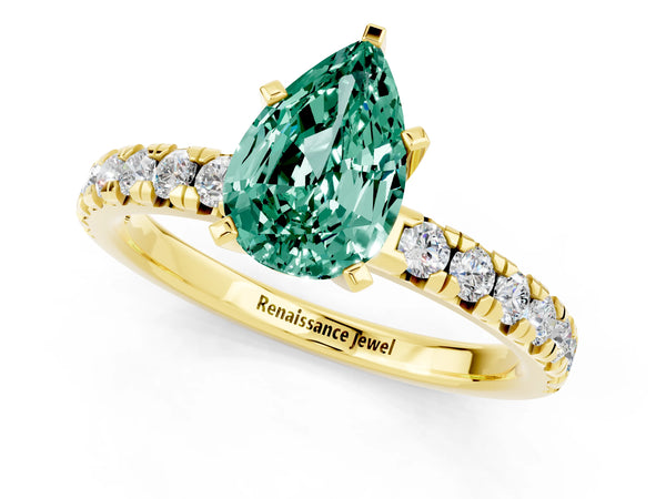 Yellow gold Pear Cut Green Sapphire Solitaire Pavé Engagement Ring with Round Band and Prong Setting