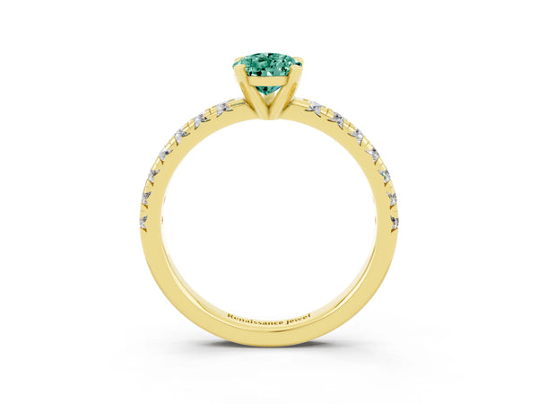 Yellow gold Pear Cut Green Sapphire Solitaire Pavé Engagement Ring with Round Band and Prong Setting